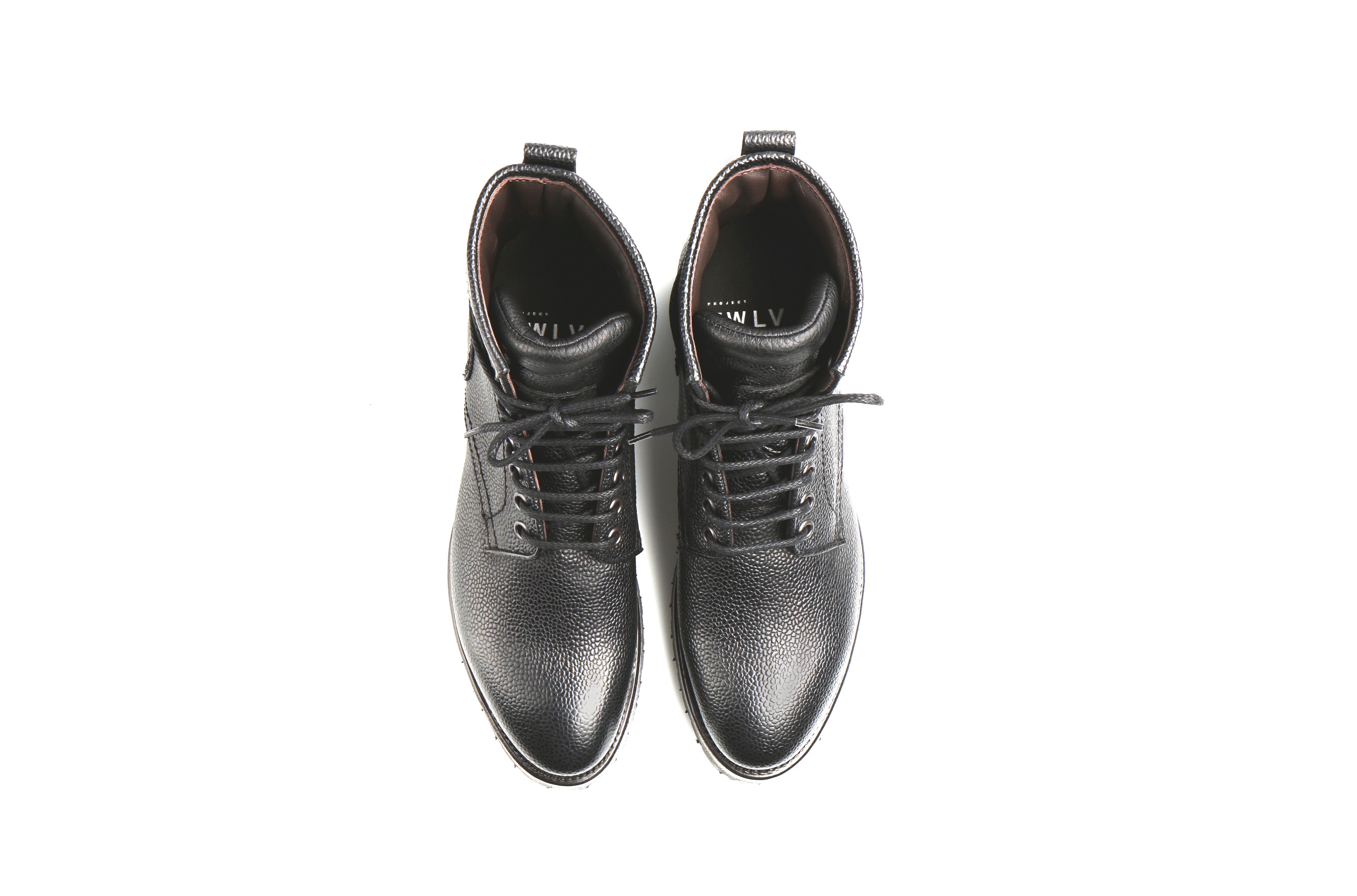 Royal Black Scotch Grain Leather Logger Boots